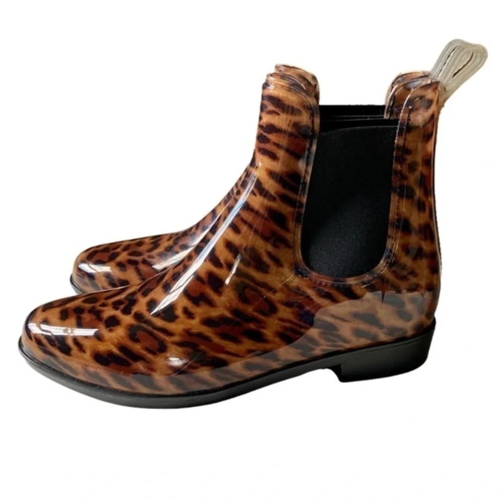 DUNES Stormy Chelsea Rain Booties Pull On Black Brown Leopard Women Size 8